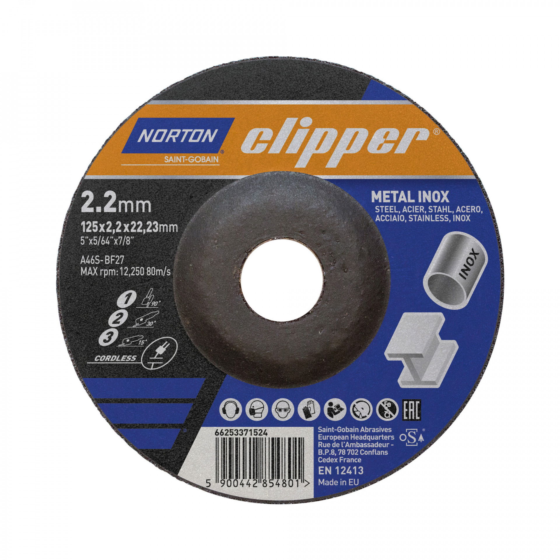 Norton Clipper 1-2-3 vágó, tisztító, csiszolókorong 125x2,2x22,23mm A46S, 25 db/csomag termék fő termékképe