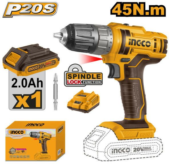 INGCO Akkus fúró-csavarozó 45 Nm 20 V (1 x 2,0 Ah akku + töltő) termék fő termékképe