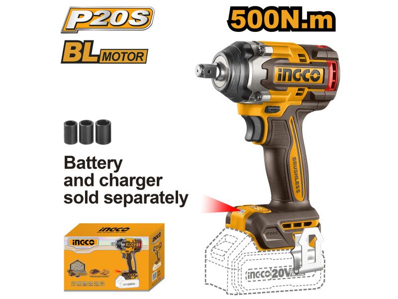 INGCO CIWLI20501 Akkus ütvecsavarozó 1/2" 500 Nm szénkefe nélküli 20 V (akku és töltő nélkül) termék fő termékképe