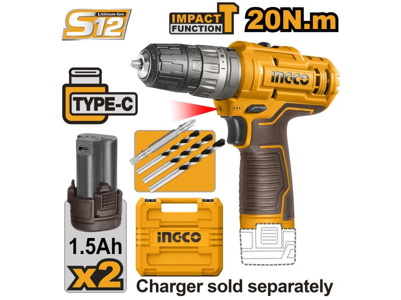 INGCO CIDLI12202E Akkus ütvefúró-csavarozó 20 Nm 12 V (2 x 1,5 Ah akkus, töltő kábel nélkül) termék fő termékképe