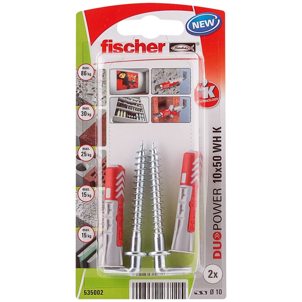 Fischer DUOPOWER dübel 10 x 50 WH K NV - derékszögű kampóval, bliszteres, 2 db/csomag termék fő termékképe