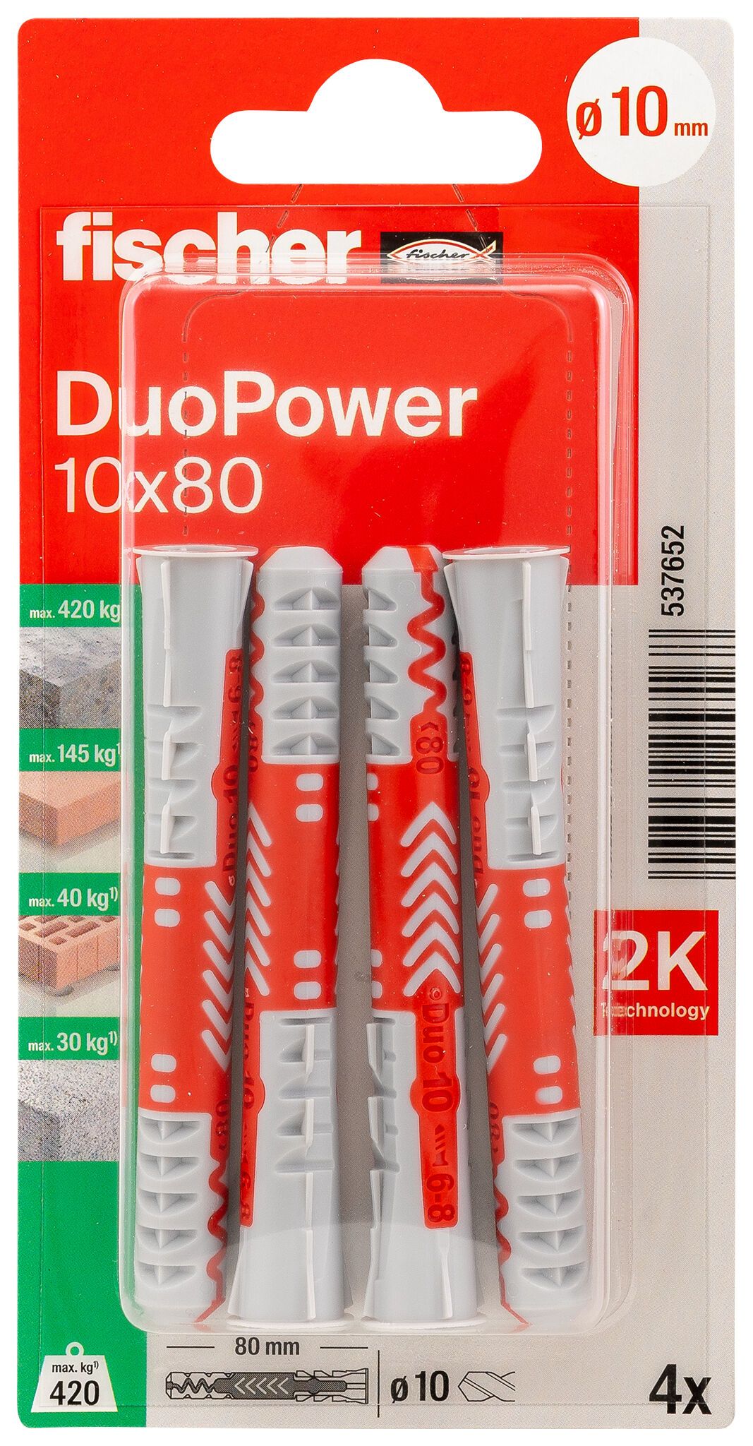 Fischer DuoPower kétkomponensű nylon dübel 10 x 80 K - csavar nélkül, bliszteres, 4 db/csomag termék fő termékképe